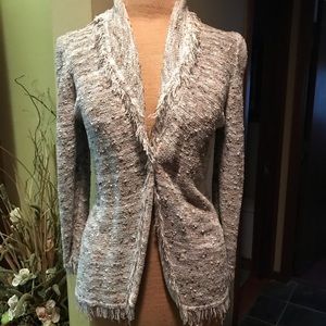 Beautiful Carol Horn small woven one button jacket sweater/fringe detail edges.